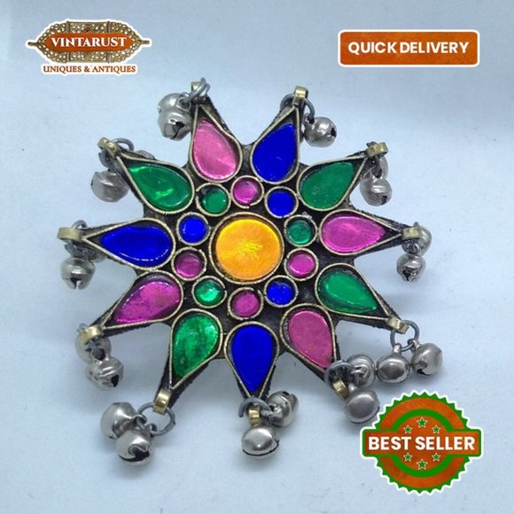 Jewelry - Glass Stone Ring With Dangling Silver Bells, Afghan Ethnic Ring, Massive Ring